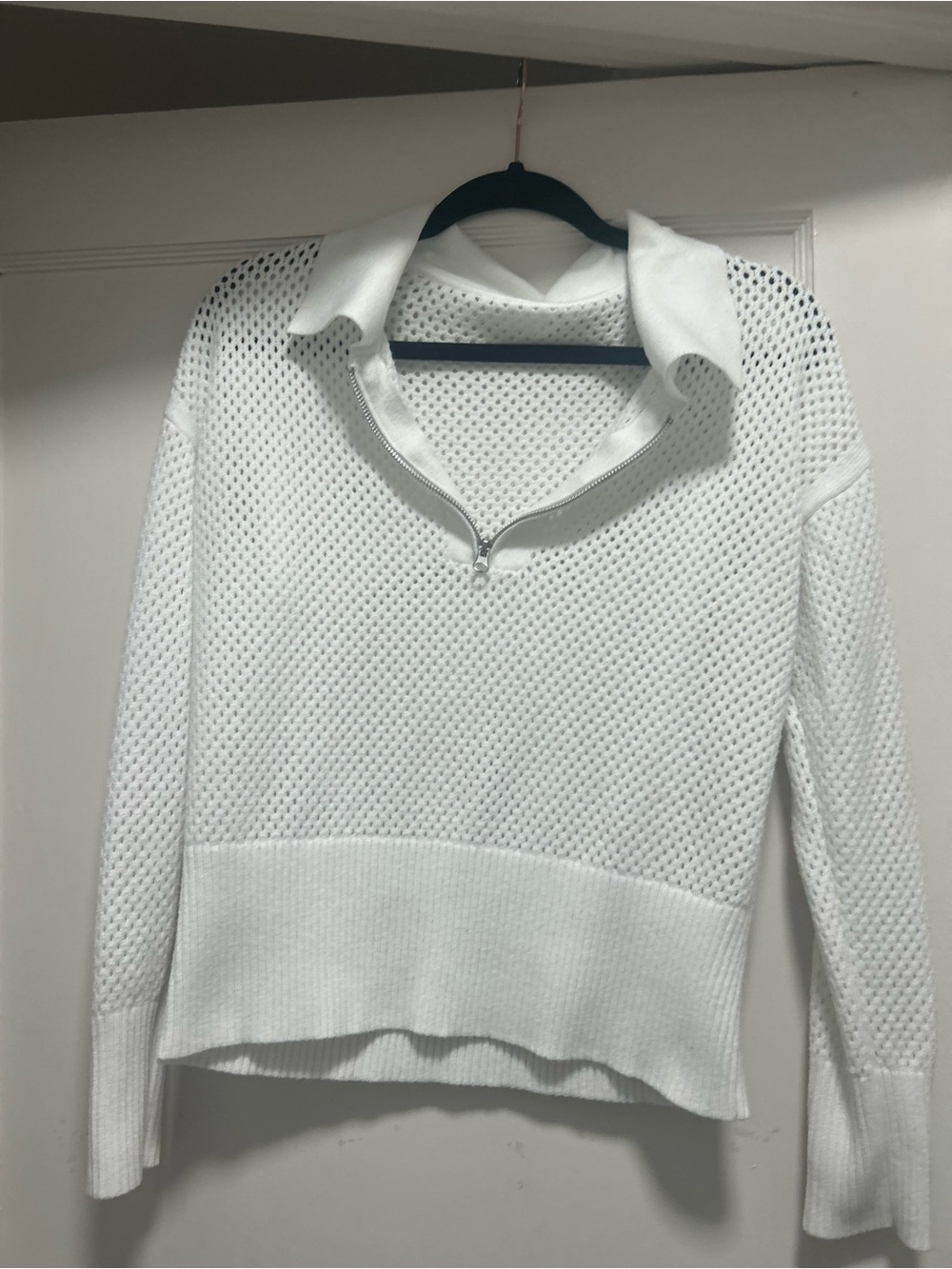 White Knit Zip-Collar Womenโs Sweater